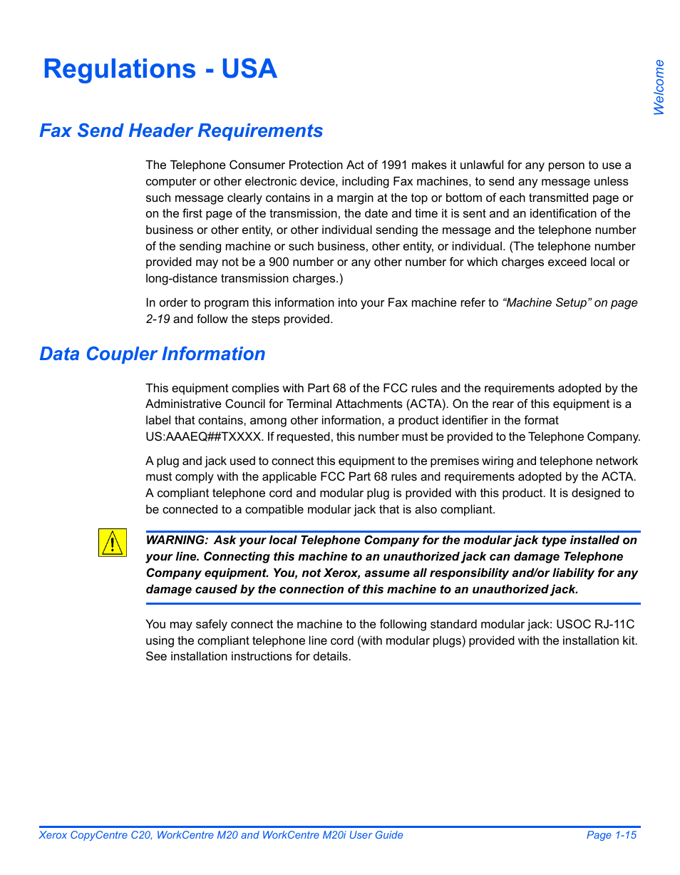 Regulations - usa, Fax send header requirements, Data coupler information | Regulations - usa -15 | Xerox COPYCENTRE M20I User Manual | Page 21 / 215