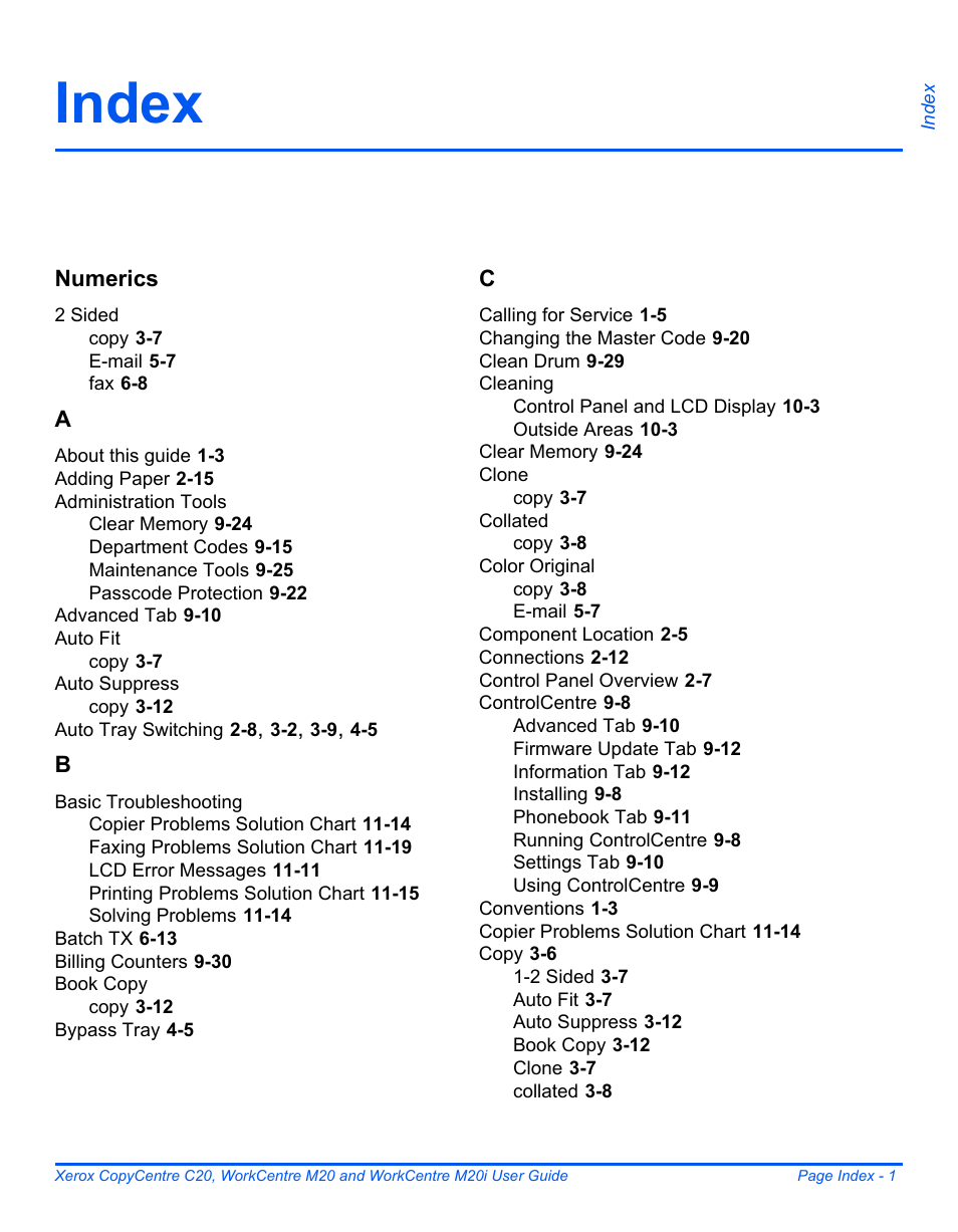 Index, Index -1 | Xerox COPYCENTRE M20I User Manual | Page 211 / 215