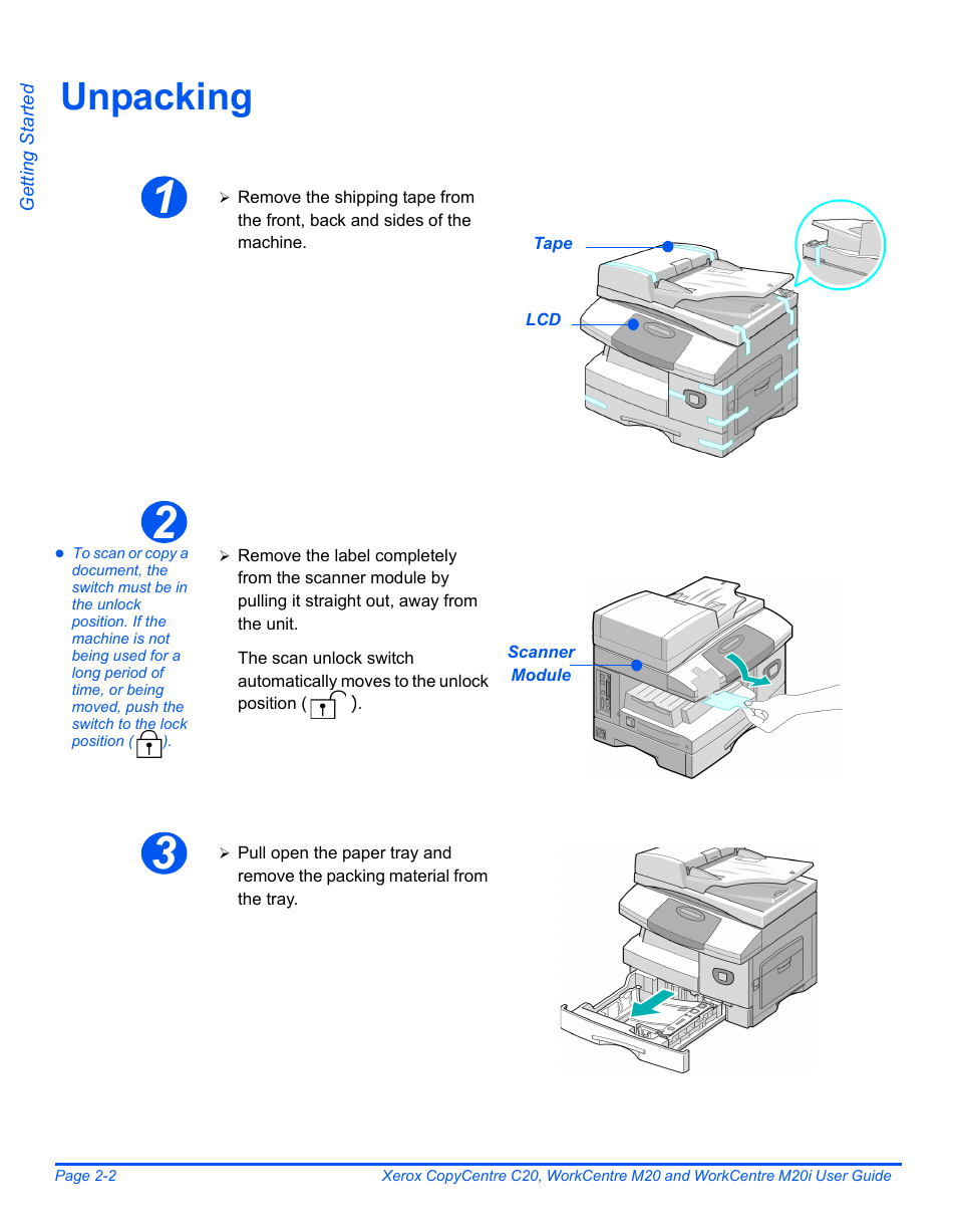 Unpacking, Unpacking -2 | Xerox COPYCENTRE M20I User Manual | Page 26 / 215