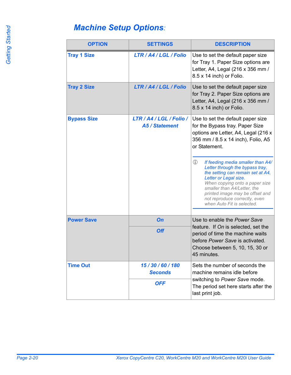 Machine setup options | Xerox COPYCENTRE M20I User Manual | Page 44 / 215