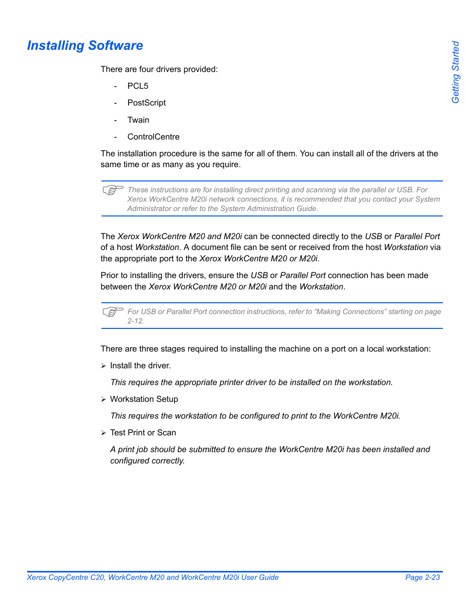 Installing software, Machine setup -23 | Xerox COPYCENTRE M20I User Manual | Page 47 / 215