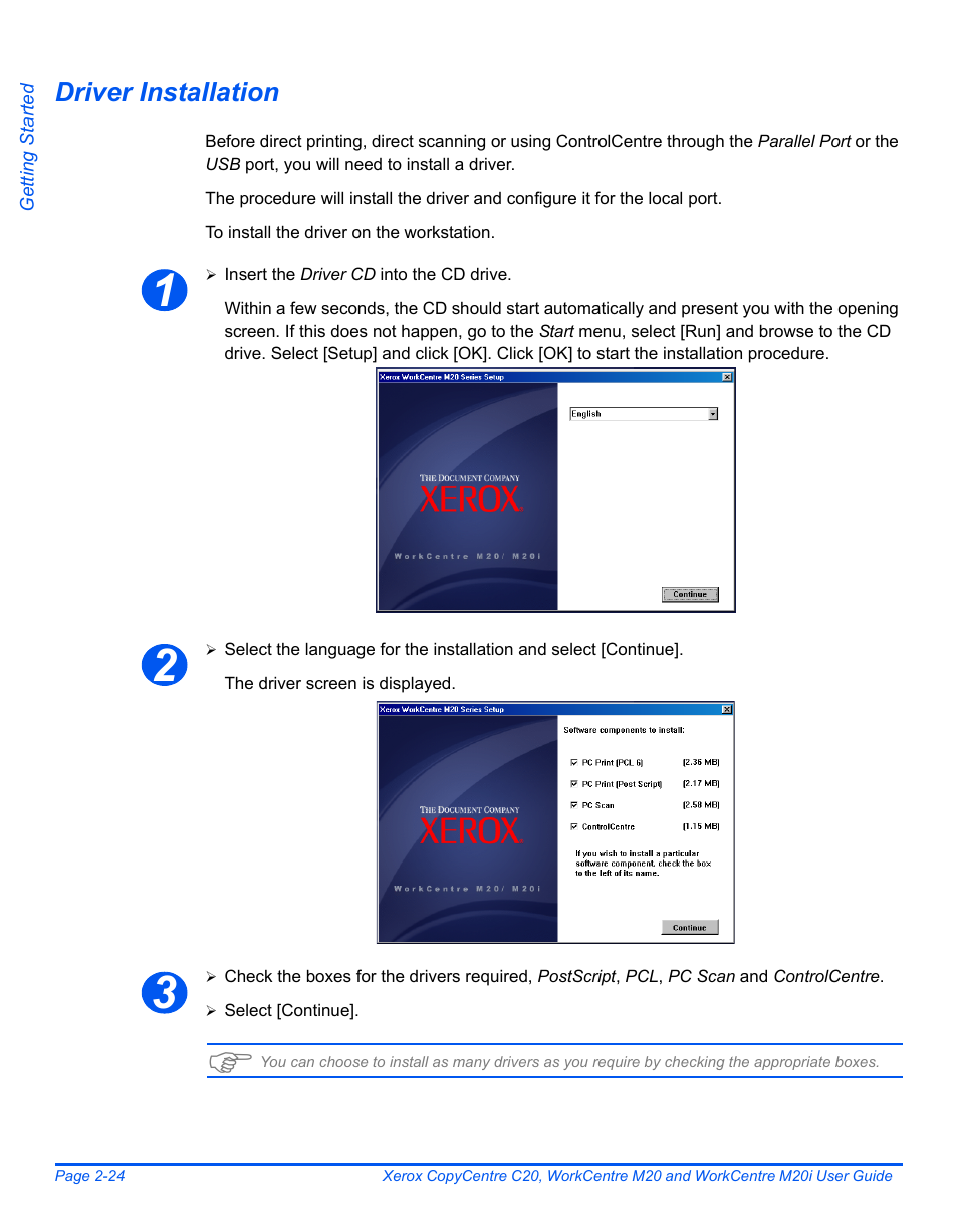 Driver installation | Xerox COPYCENTRE M20I User Manual | Page 48 / 215