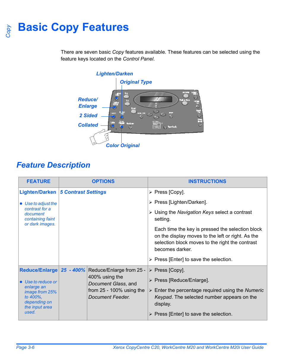 Basic copy features, Feature description, Basic copy features -6 | Xerox COPYCENTRE M20I User Manual | Page 58 / 215