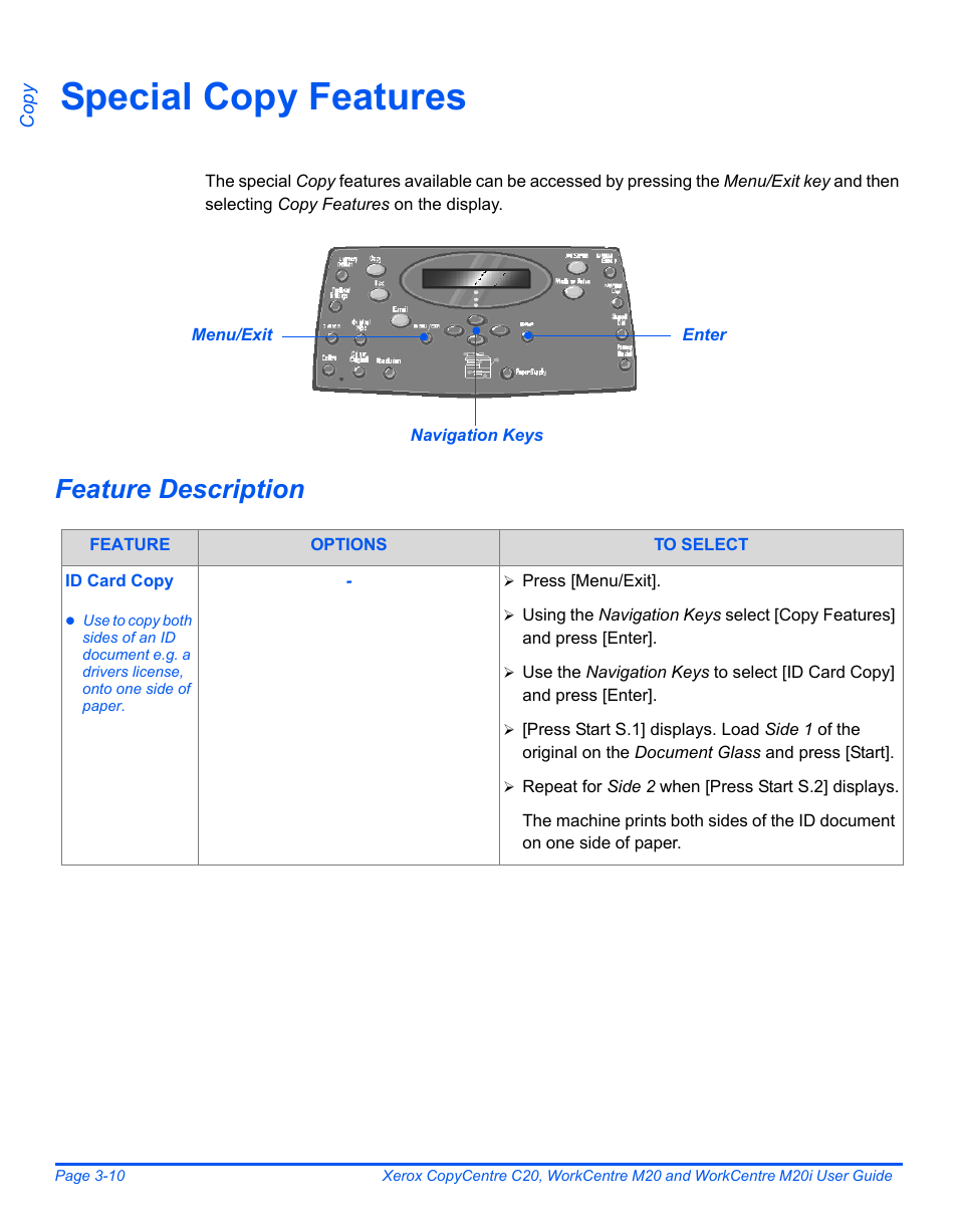 Special copy features, Feature description, Special copy features -10 | Xerox COPYCENTRE M20I User Manual | Page 62 / 215