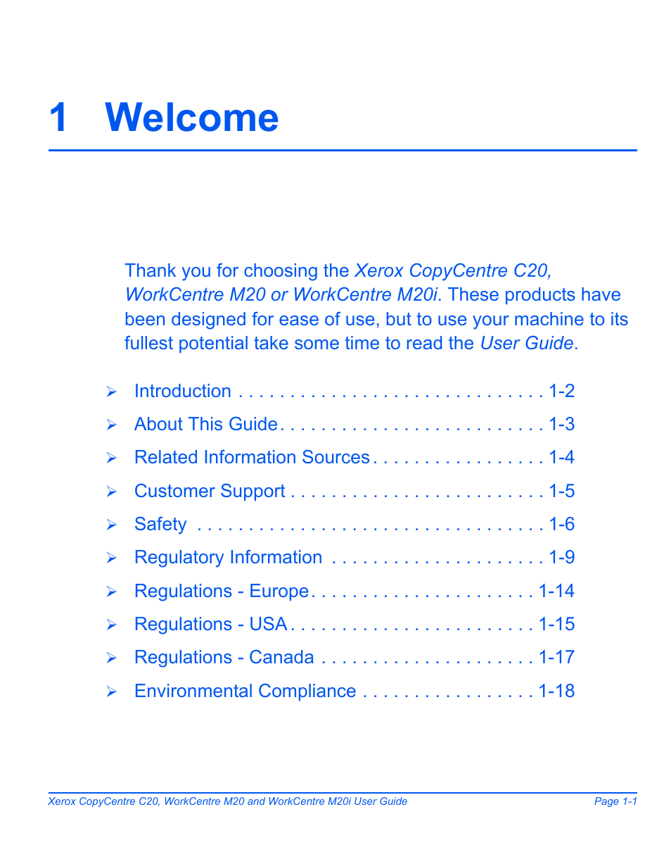 1 welcome, 1 welcome -1 | Xerox COPYCENTRE M20I User Manual | Page 7 / 215