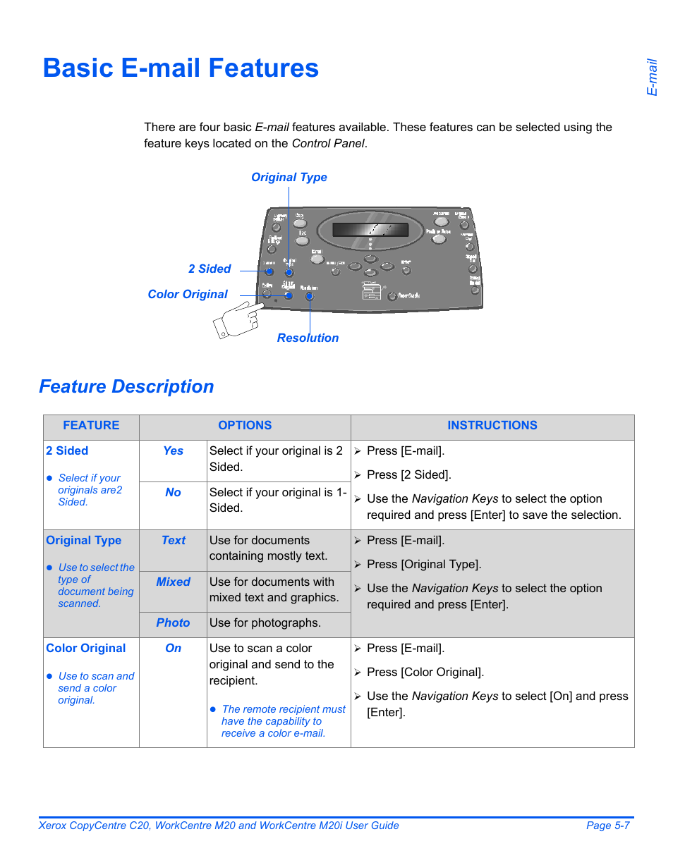 Basic e-mail features, Feature description, Basic e-mail features -7 | Xerox COPYCENTRE M20I User Manual | Page 89 / 215