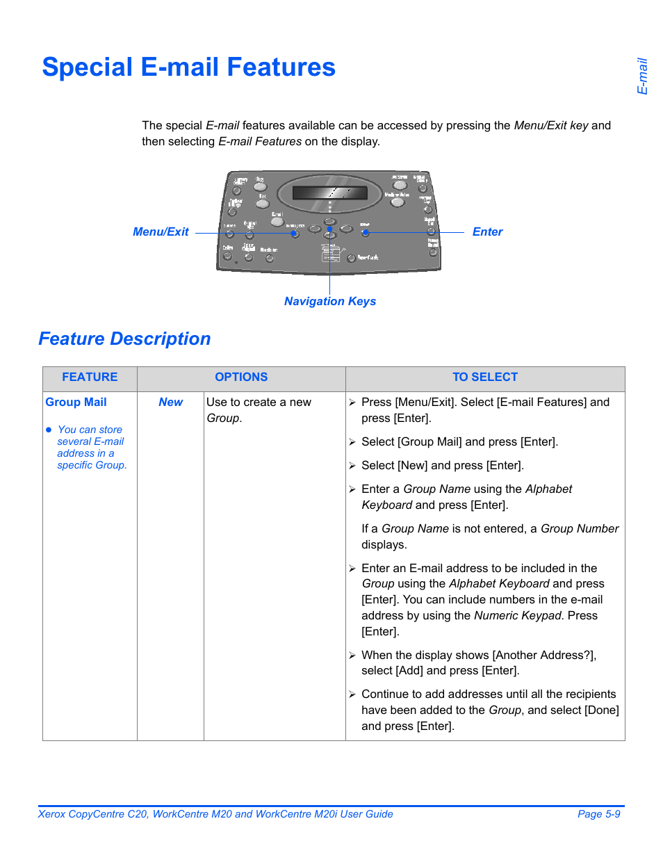 Special e-mail features, Feature description, Special e-mail features -9 | Xerox COPYCENTRE M20I User Manual | Page 91 / 215