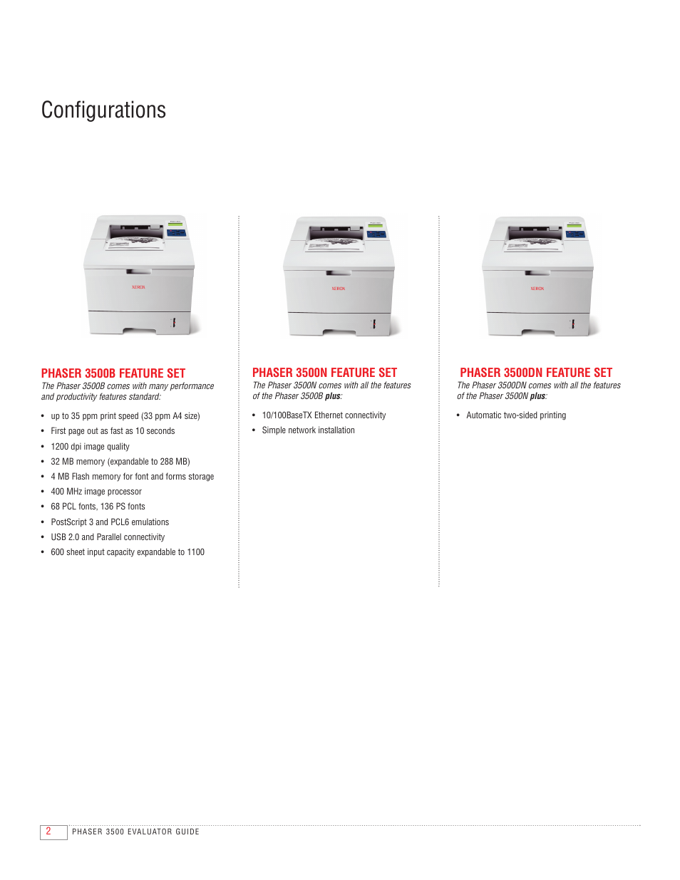Configurations, Phaser 3500b feature set, Phaser 3500n feature set | Phaser 3500dn feature set | Xerox 3500 User Manual | Page 4 / 8