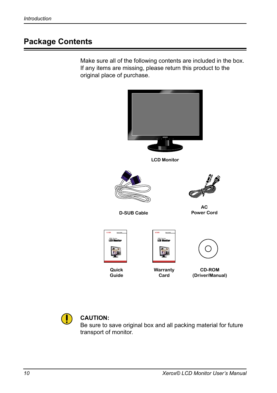 Package contents, 10 xerox© lcd monitor user’s manual introduction | Xerox XR6 Series User Manual | Page 11 / 29