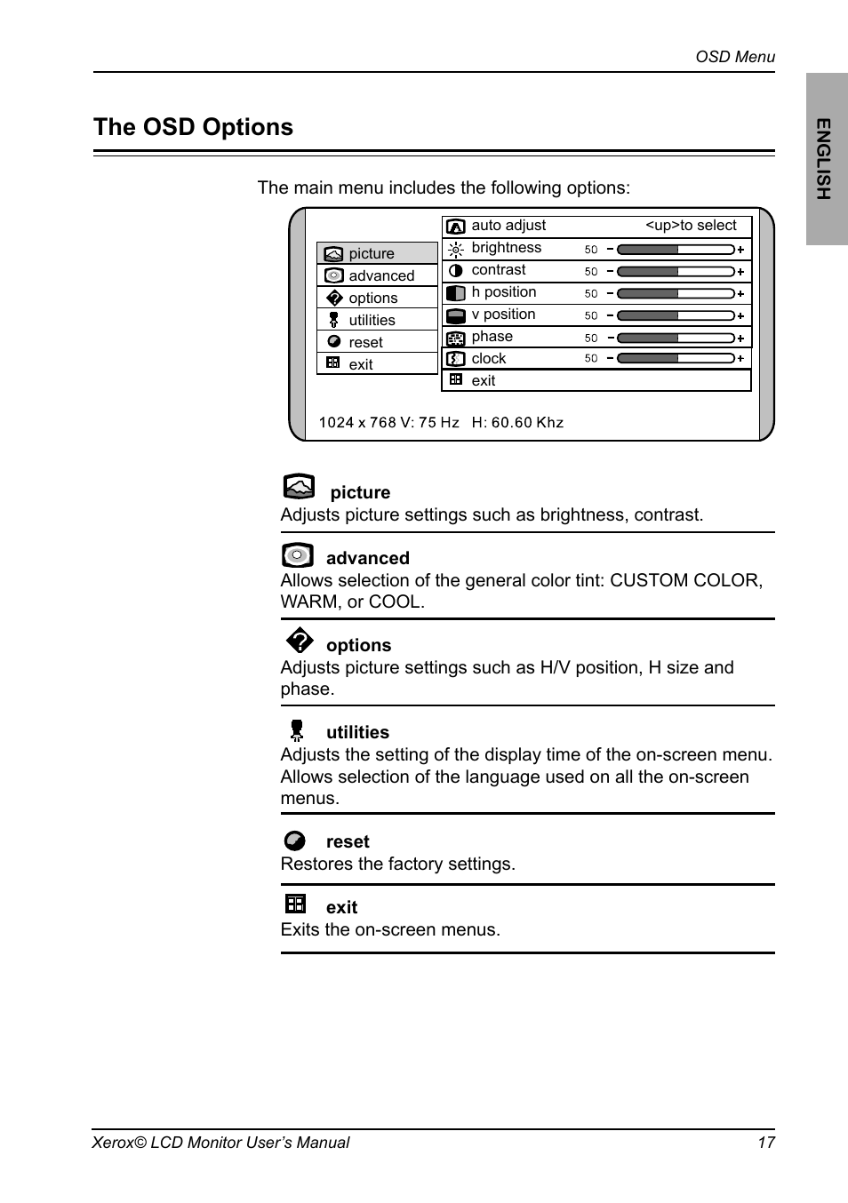 The osd options | Xerox XR6 Series User Manual | Page 18 / 29