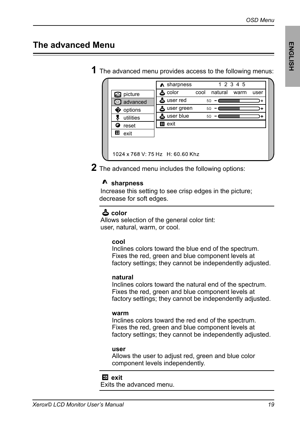 The osd options, The picture options, The advanced options | The options options, The utilities options, The advanced menu | Xerox XR6 Series User Manual | Page 20 / 29