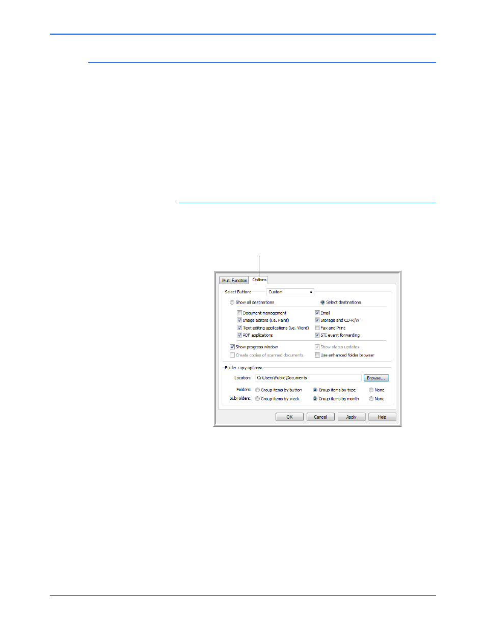 Selecting options for a button | Xerox DocuMate 632 User Manual | Page 52 / 133