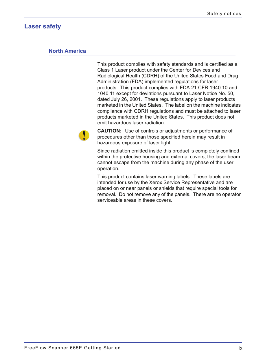 Laser safety, North america | Xerox 665E User Manual | Page 11 / 76