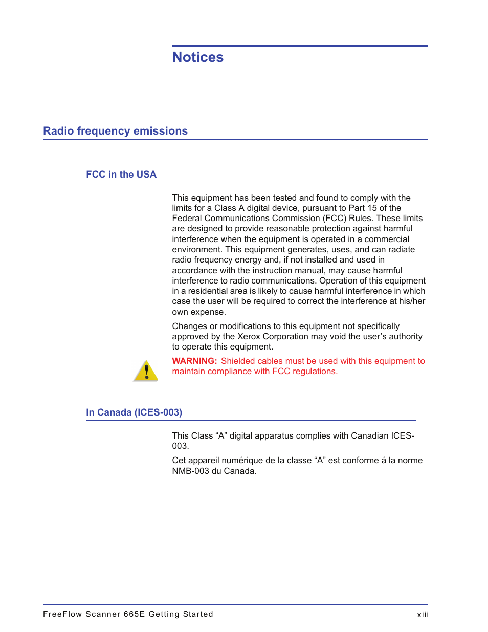 Notices, Radio frequency emissions, Fcc in the usa | In canada (ices-003), Xiii | Xerox 665E User Manual | Page 15 / 76