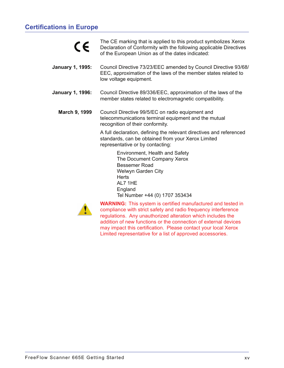 Certifications in europe | Xerox 665E User Manual | Page 17 / 76