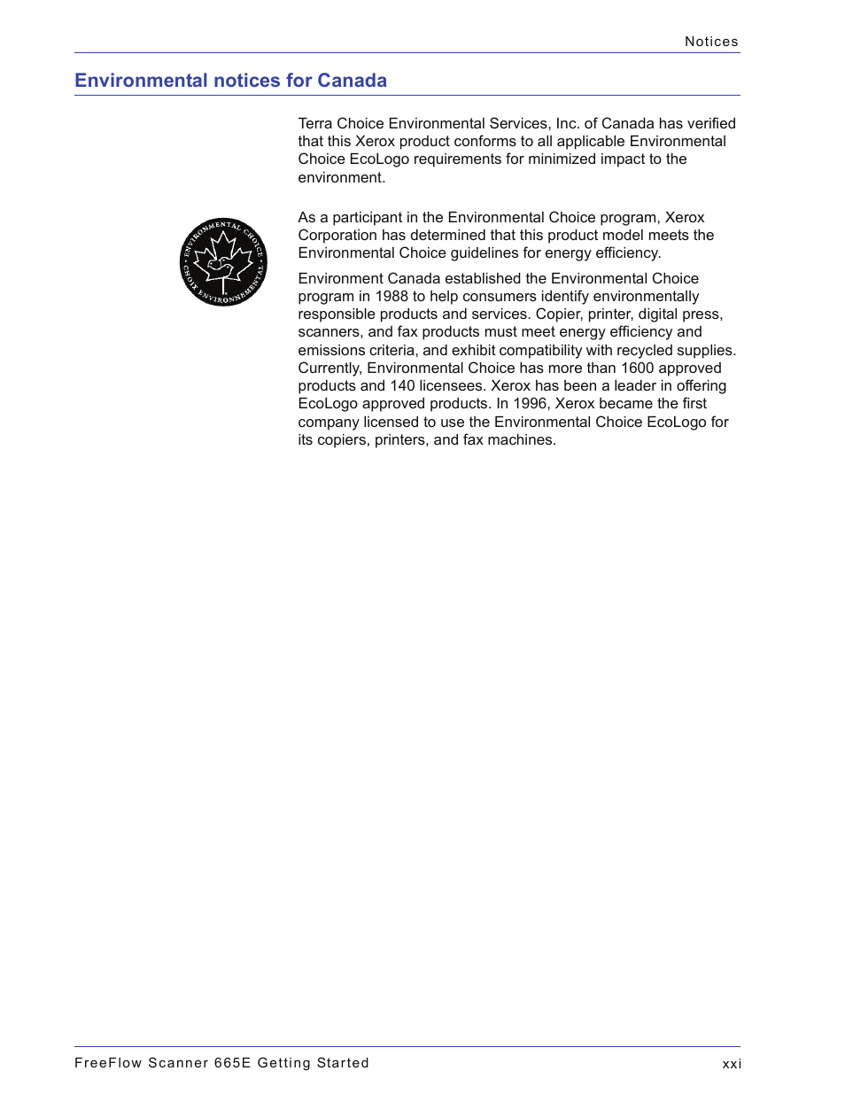 Environmental notices for canada | Xerox 665E User Manual | Page 23 / 76