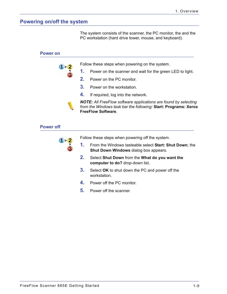 Powering on/off the system, Power on, Power off | Powering on/off the system -9, Power on -9 power off -9 | Xerox 665E User Manual | Page 33 / 76