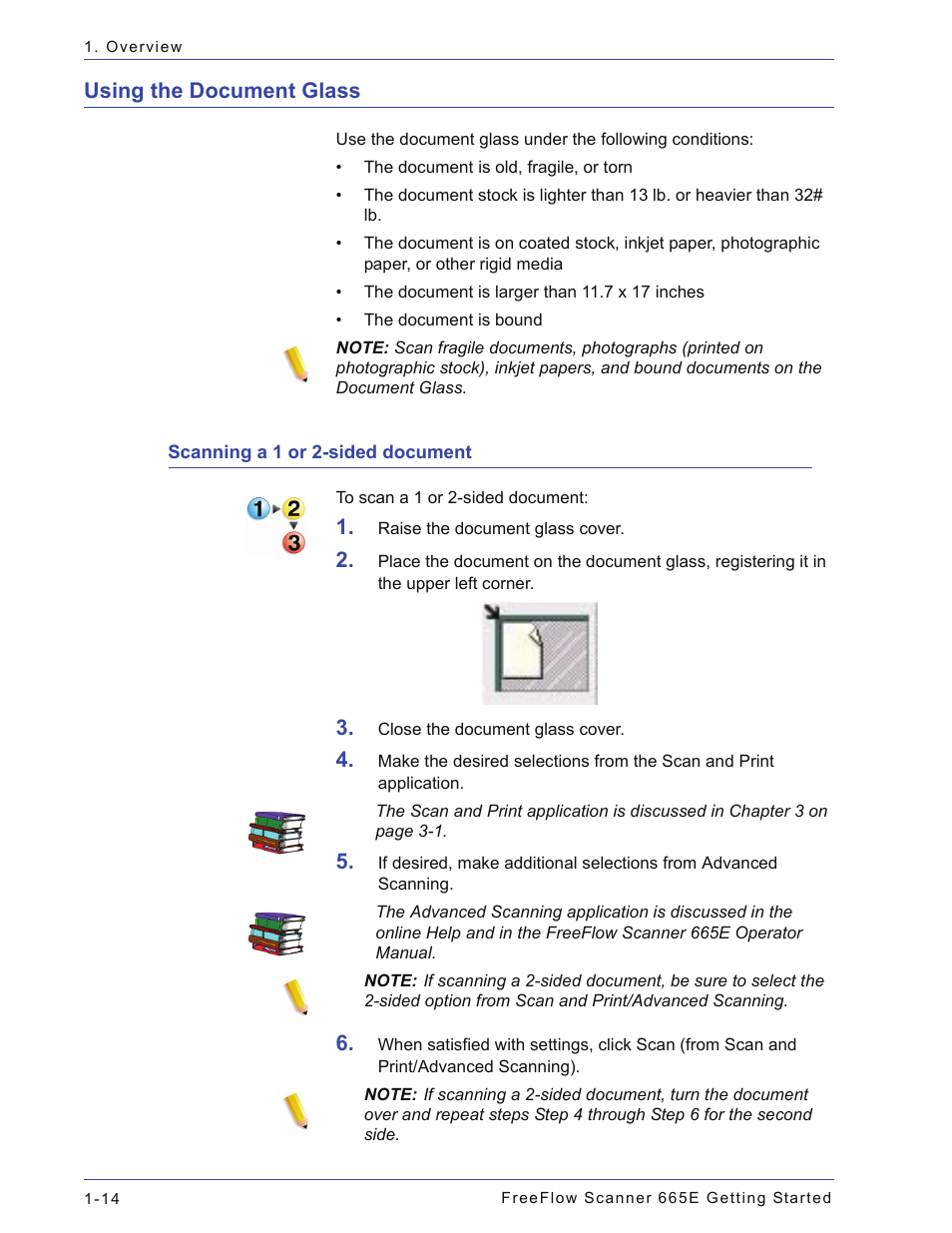 Using the document glass, Scanning a 1 or 2-sided document, Using the document glass -14 | Scanning a 1 or 2-sided document -14 | Xerox 665E User Manual | Page 38 / 76