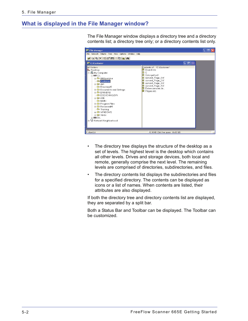 What is displayed in the file manager window, What is displayed in the file manager window? -2 | Xerox 665E User Manual | Page 62 / 76