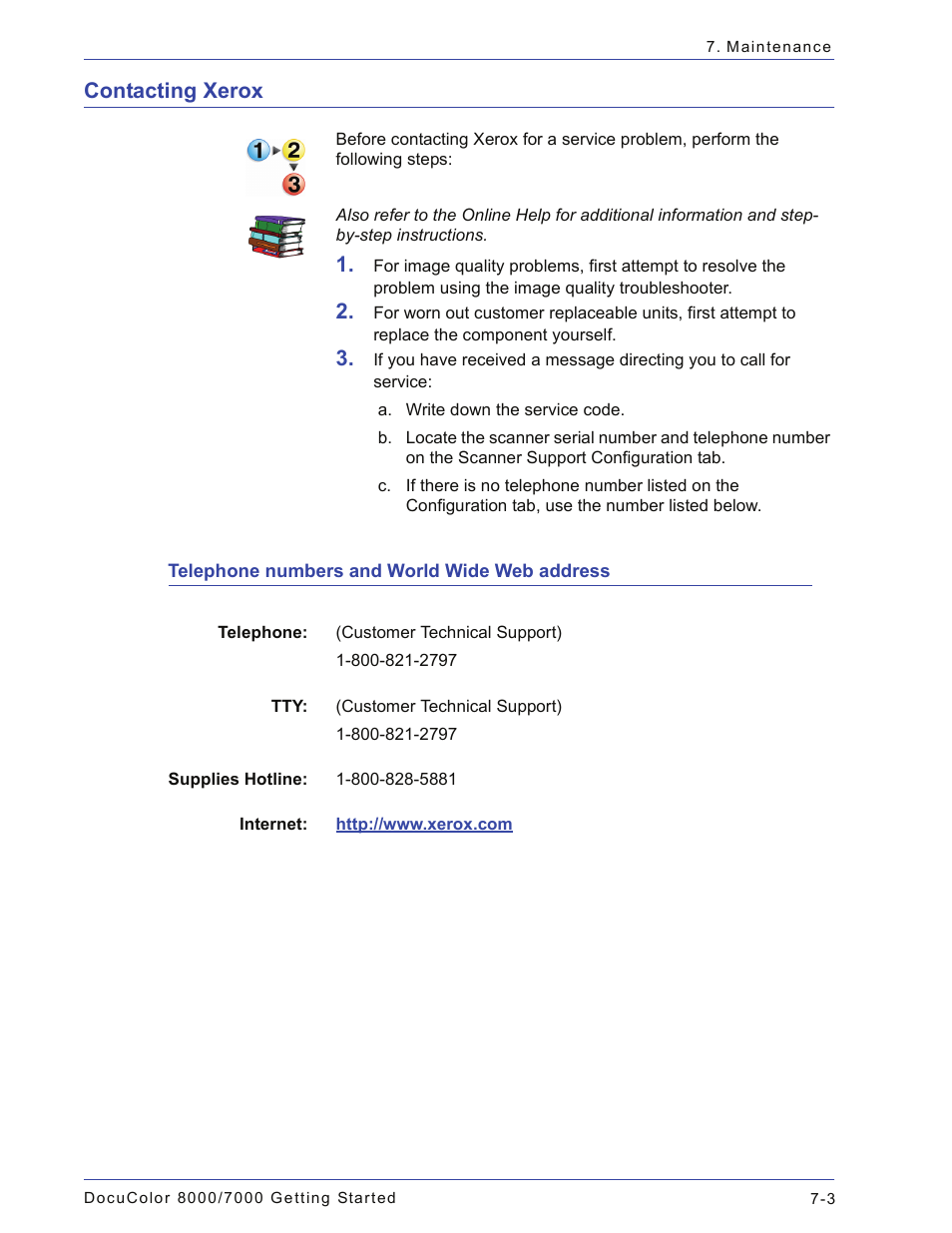 Contacting xerox, Telephone numbers and world wide web address, Contacting xerox -3 | Telephone numbers and world wide web address -3 | Xerox 665E User Manual | Page 71 / 76