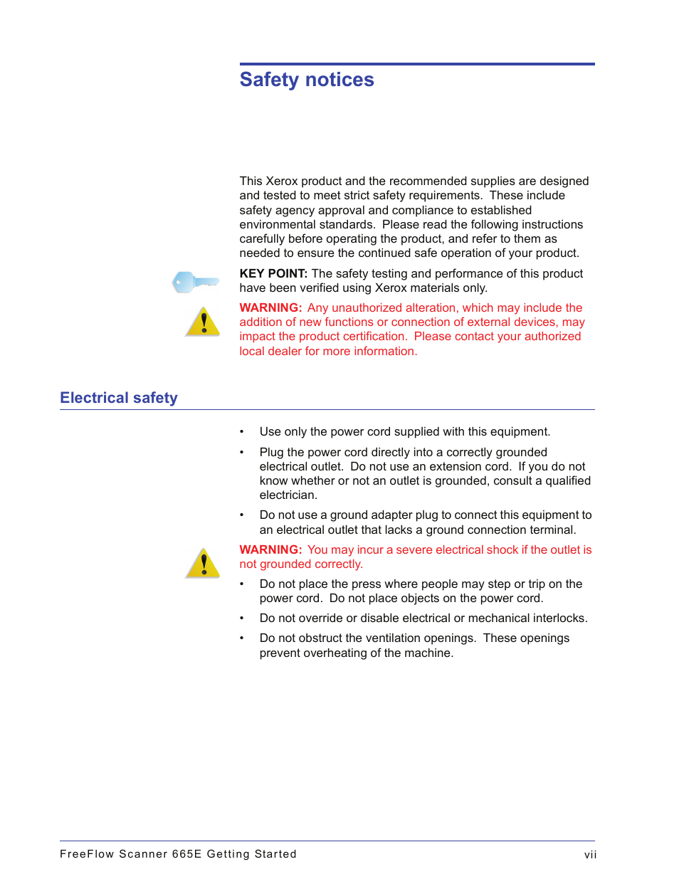 Safety notices, Electrical safety | Xerox 665E User Manual | Page 9 / 76