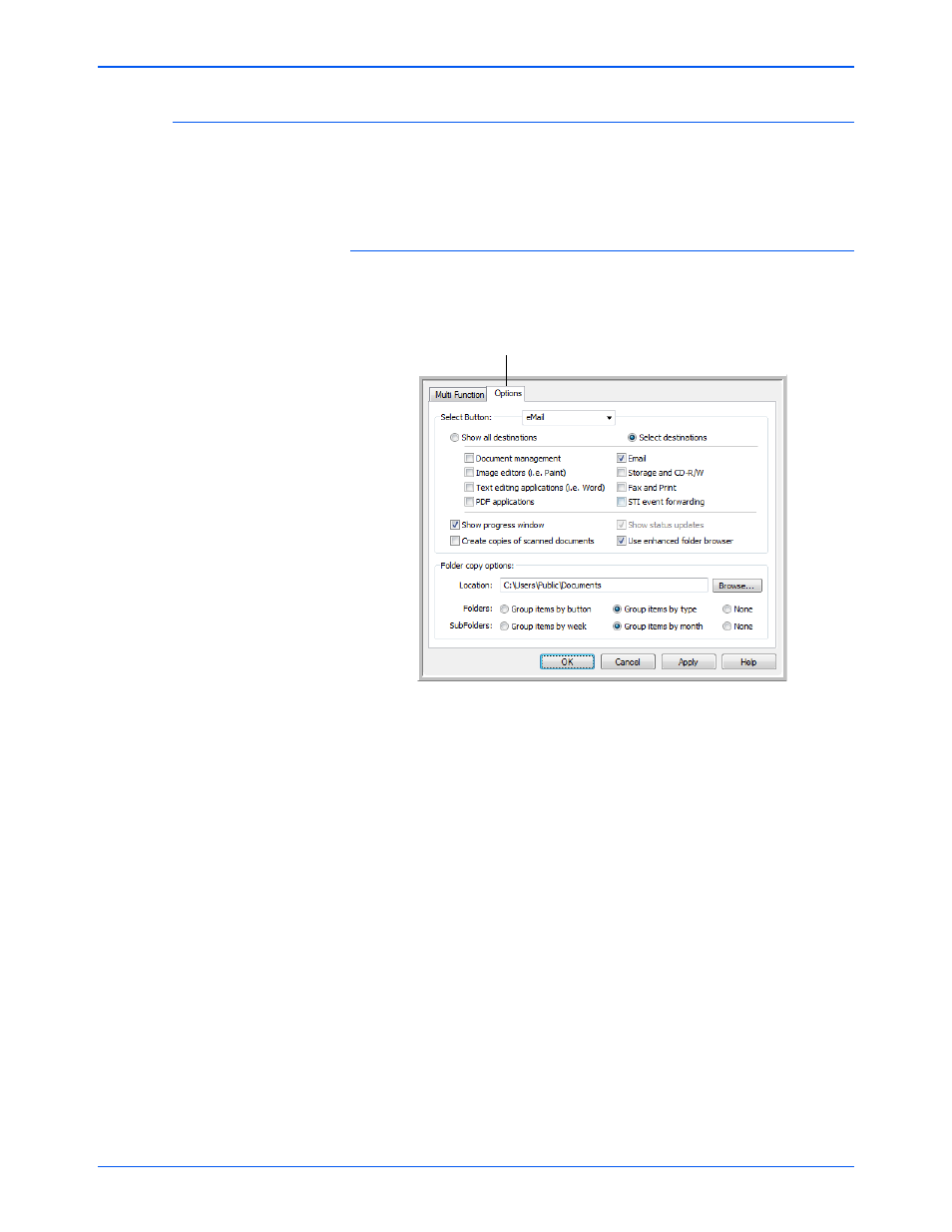 Selecting options for a button | Xerox DocuMate 272 User Manual | Page 53 / 127