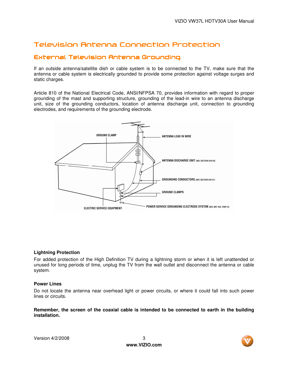 Television antenna connection protection | Xerox VW37L User Manual | Page 3 / 71