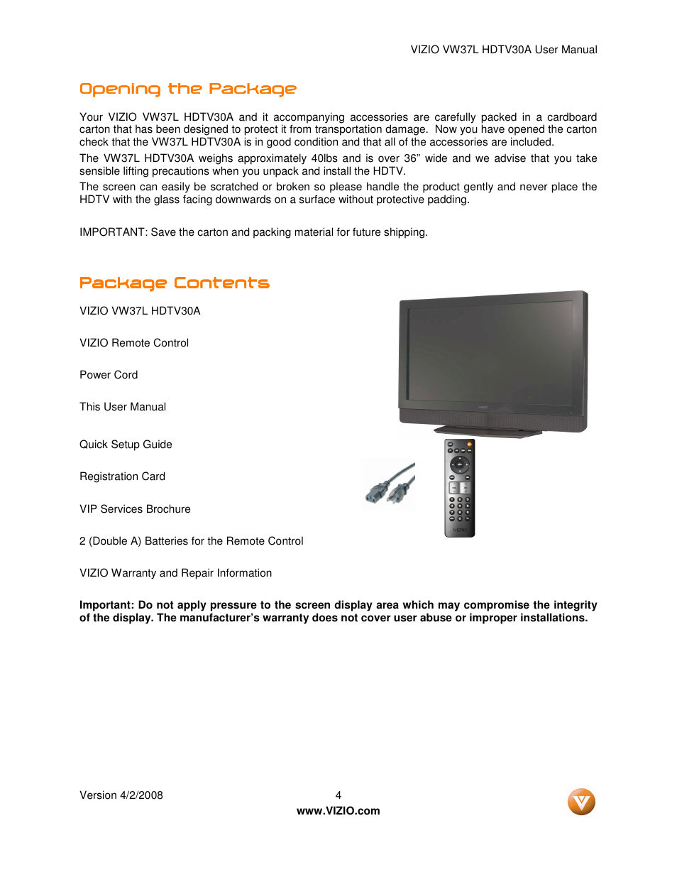 Opening the package, Package contents | Xerox VW37L User Manual | Page 4 / 71