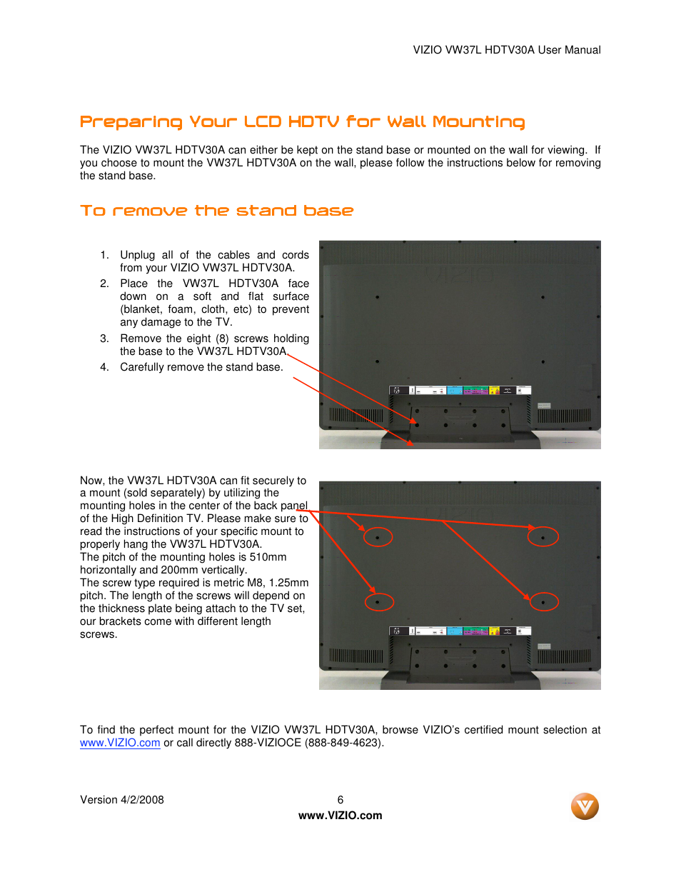 Preparing your lcd hdtv for wall mounting | Xerox VW37L User Manual | Page 6 / 71