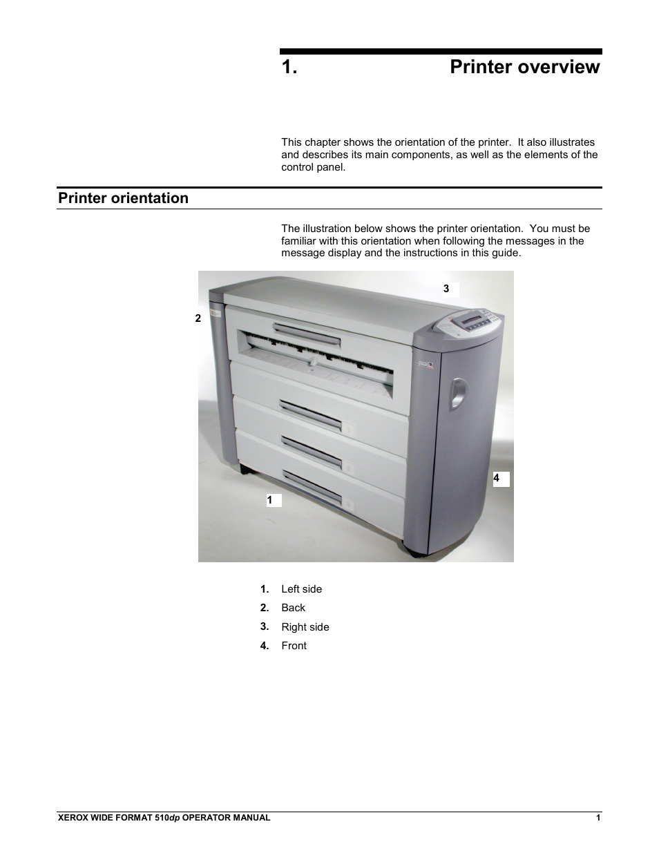 Printer overview, Printer orientation | Xerox 510DP (Operator Manual) User Manual | Page 11 / 64
