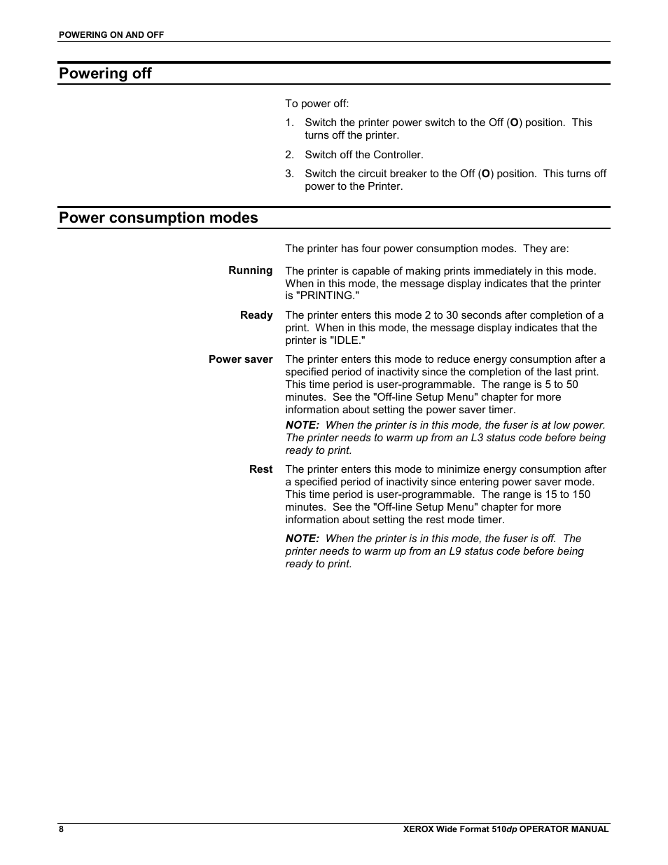 Powering off, Power consumption modes | Xerox 510DP (Operator Manual) User Manual | Page 18 / 64