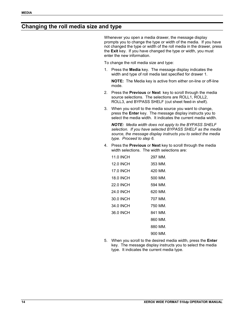 Changing the roll media size and type | Xerox 510DP (Operator Manual) User Manual | Page 24 / 64