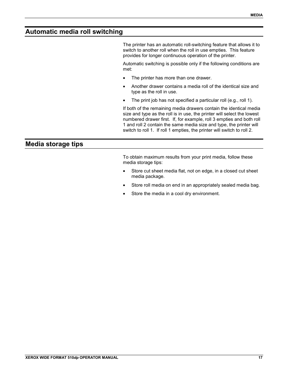 Automatic media roll switching, Media storage tips | Xerox 510DP (Operator Manual) User Manual | Page 27 / 64