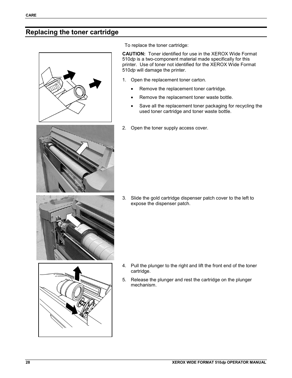 Replacing the toner cartridge | Xerox 510DP (Operator Manual) User Manual | Page 38 / 64