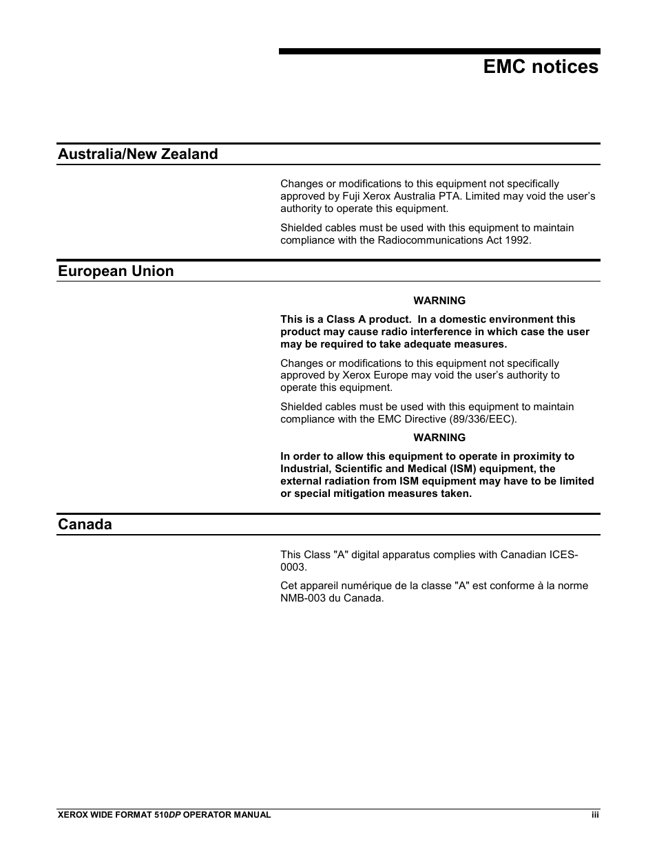 Emc notices, Australia/new zealand, European union | Canada | Xerox 510DP (Operator Manual) User Manual | Page 5 / 64
