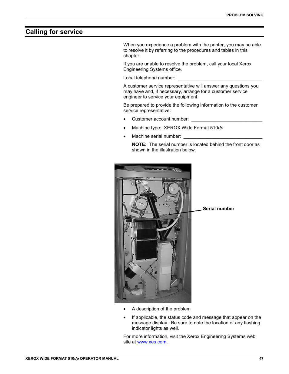 Calling for service | Xerox 510DP (Operator Manual) User Manual | Page 57 / 64
