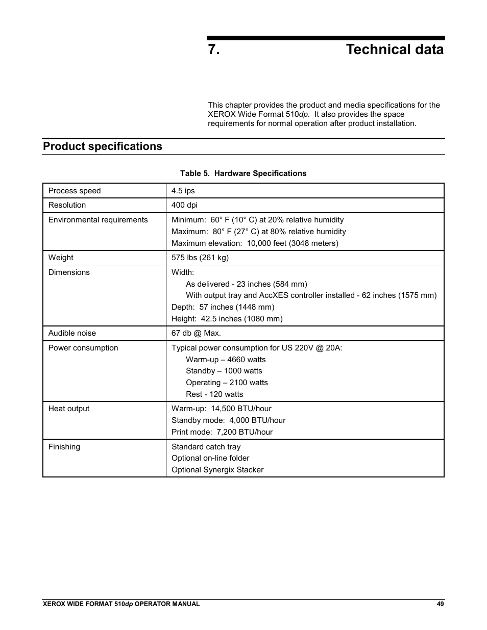 Technical data, Product specifications | Xerox 510DP (Operator Manual) User Manual | Page 59 / 64