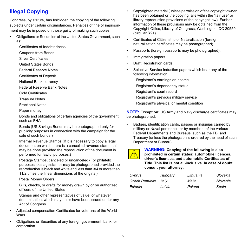 Illegal copying | Xerox Phaser 3300MFP User Manual | Page 10 / 148