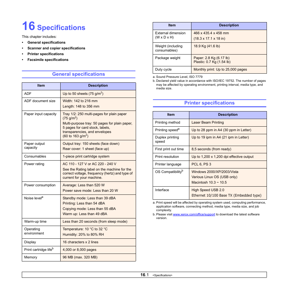 Specifications, General specifications, Printer specifications | General specifications printer specifications | Xerox Phaser 3300MFP User Manual | Page 100 / 148