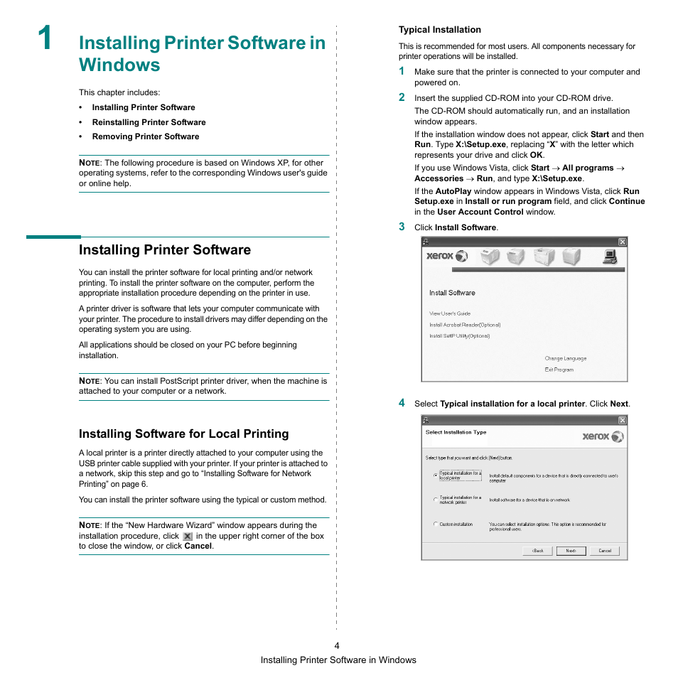 Installing printer software in windows, Installing printer software, Installing software for local printing | Chapter 1 | Xerox Phaser 3300MFP User Manual | Page 108 / 148