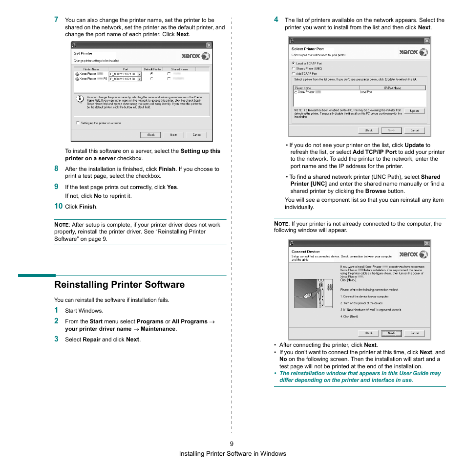 Reinstalling printer software | Xerox Phaser 3300MFP User Manual | Page 113 / 148