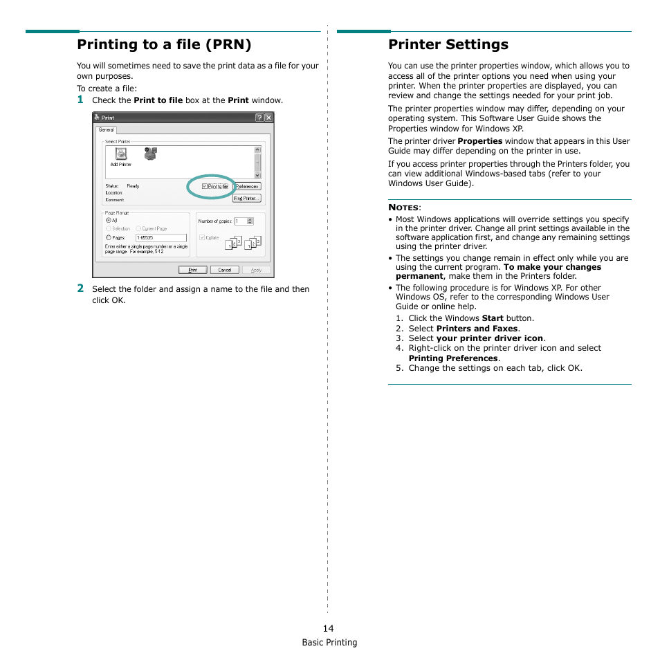 Printing to a file (prn), Printer settings, Printing to a file (prn) printer settings | Ee “printer | Xerox Phaser 3300MFP User Manual | Page 118 / 148