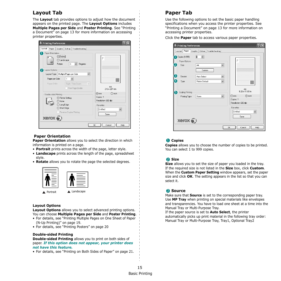 Layout tab, Paper tab, Layout tab paper tab | Layout tab - paper tab | Xerox Phaser 3300MFP User Manual | Page 119 / 148