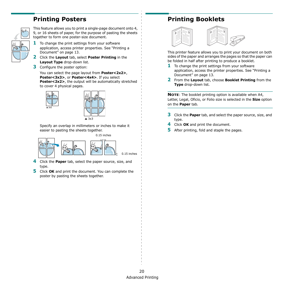 Printing posters, Printing booklets, Printing posters printing booklets | Xerox Phaser 3300MFP User Manual | Page 124 / 148