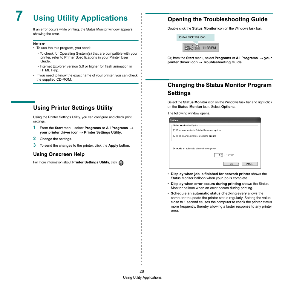 Using utility applications, Using printer settings utility, Using onscreen help | Opening the troubleshooting guide, Changing the status monitor program settings, Chapter 7 | Xerox Phaser 3300MFP User Manual | Page 130 / 148