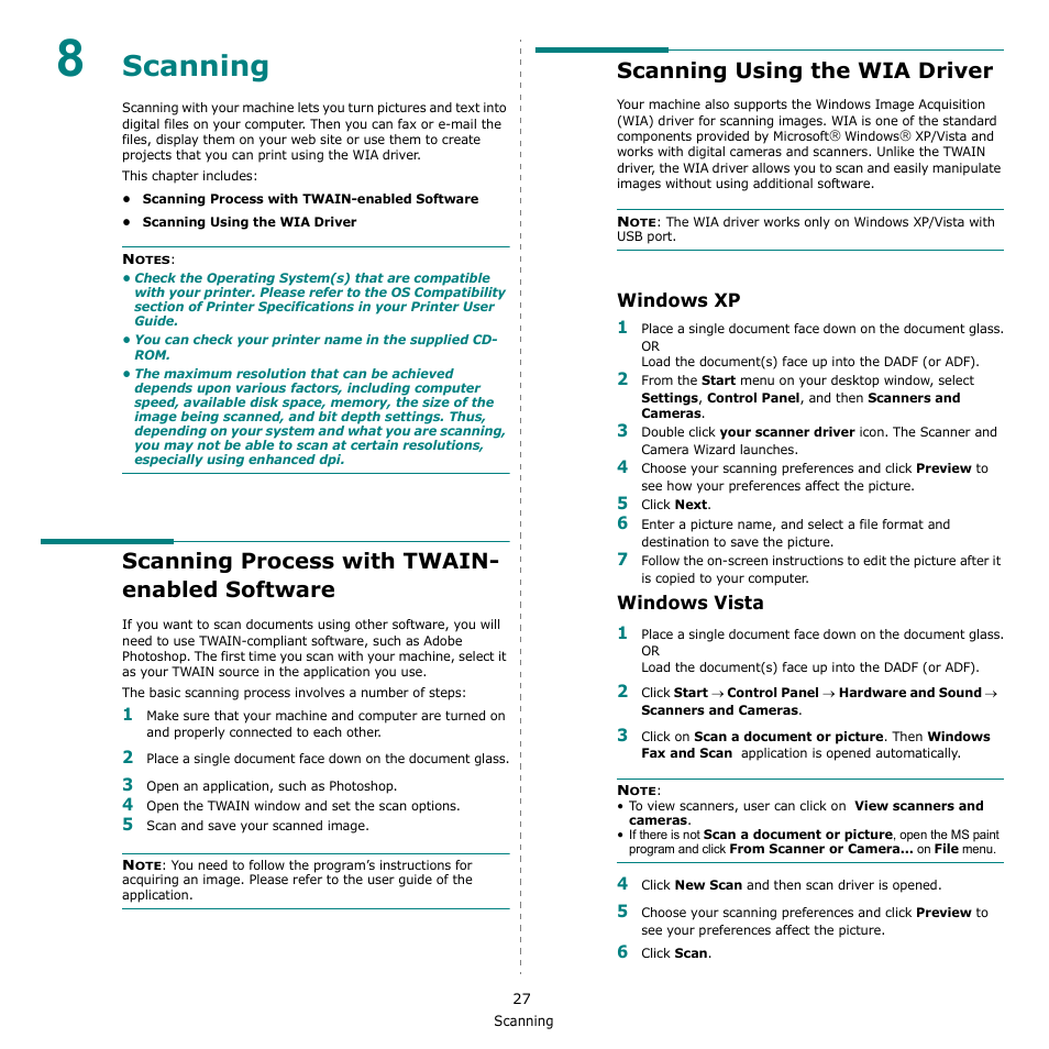 Scanning, Scanning process with twain- enabled software, Scanning using the wia driver | Windows xp, Windows vista, Chapter 8, Windows xp windows vista | Xerox Phaser 3300MFP User Manual | Page 131 / 148