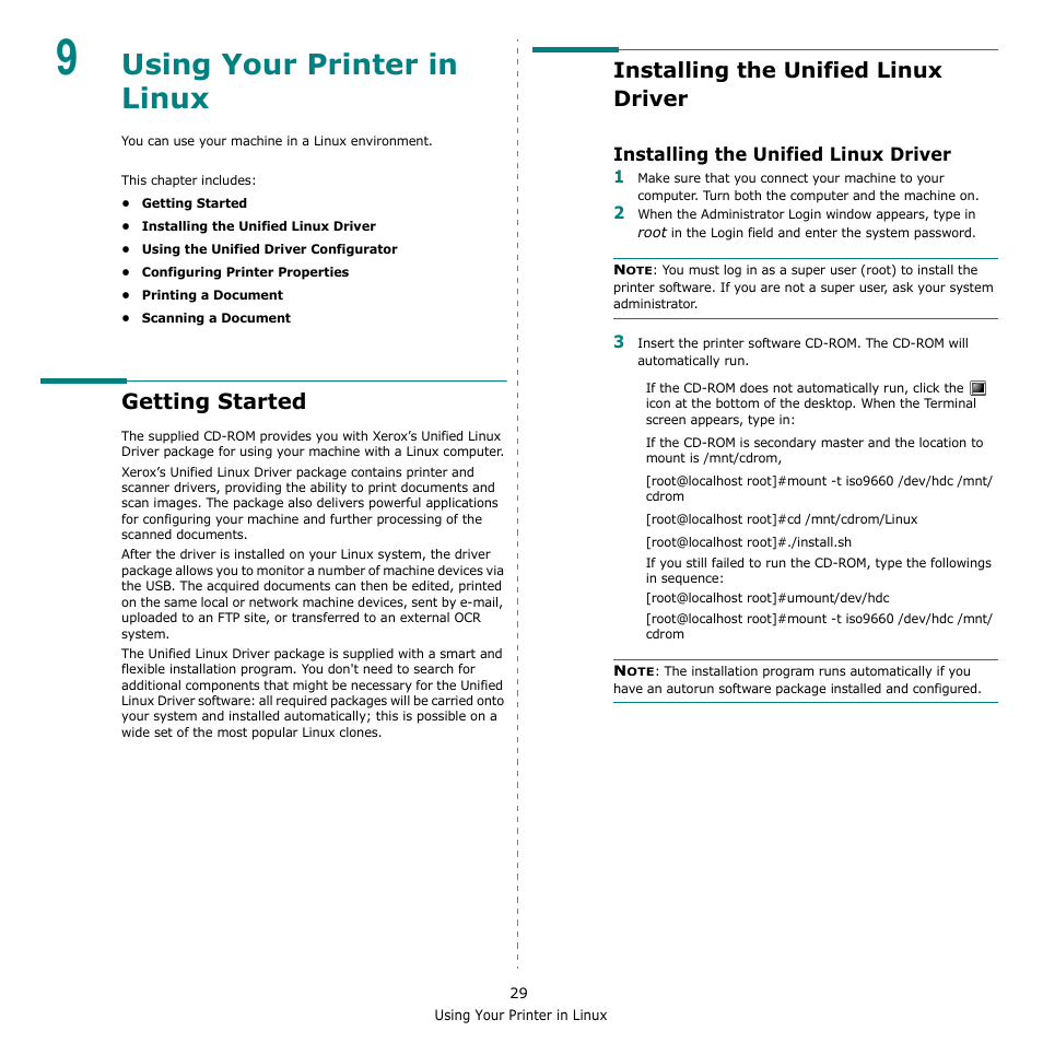 Using your printer in linux, Getting started, Installing the unified linux driver | Chapter 9 | Xerox Phaser 3300MFP User Manual | Page 133 / 148