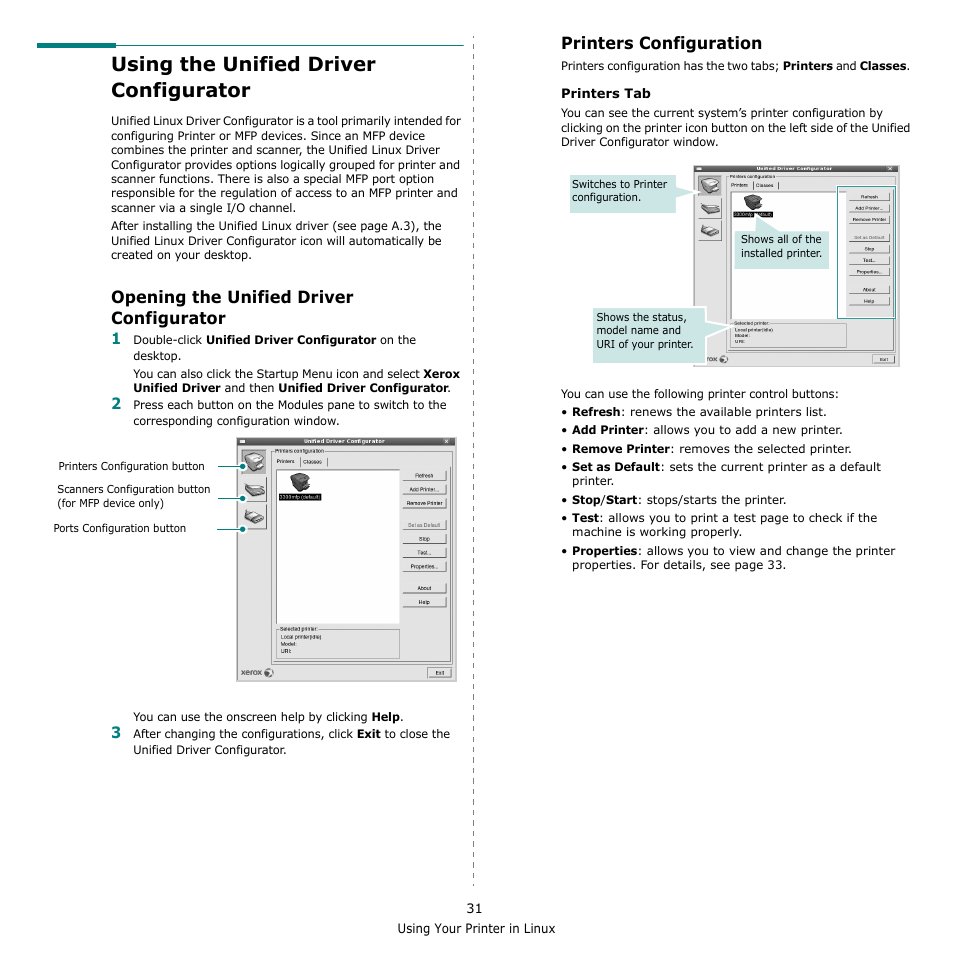 Using the unified driver configurator, Opening the unified driver configurator, Printers configuration | Xerox Phaser 3300MFP User Manual | Page 135 / 148