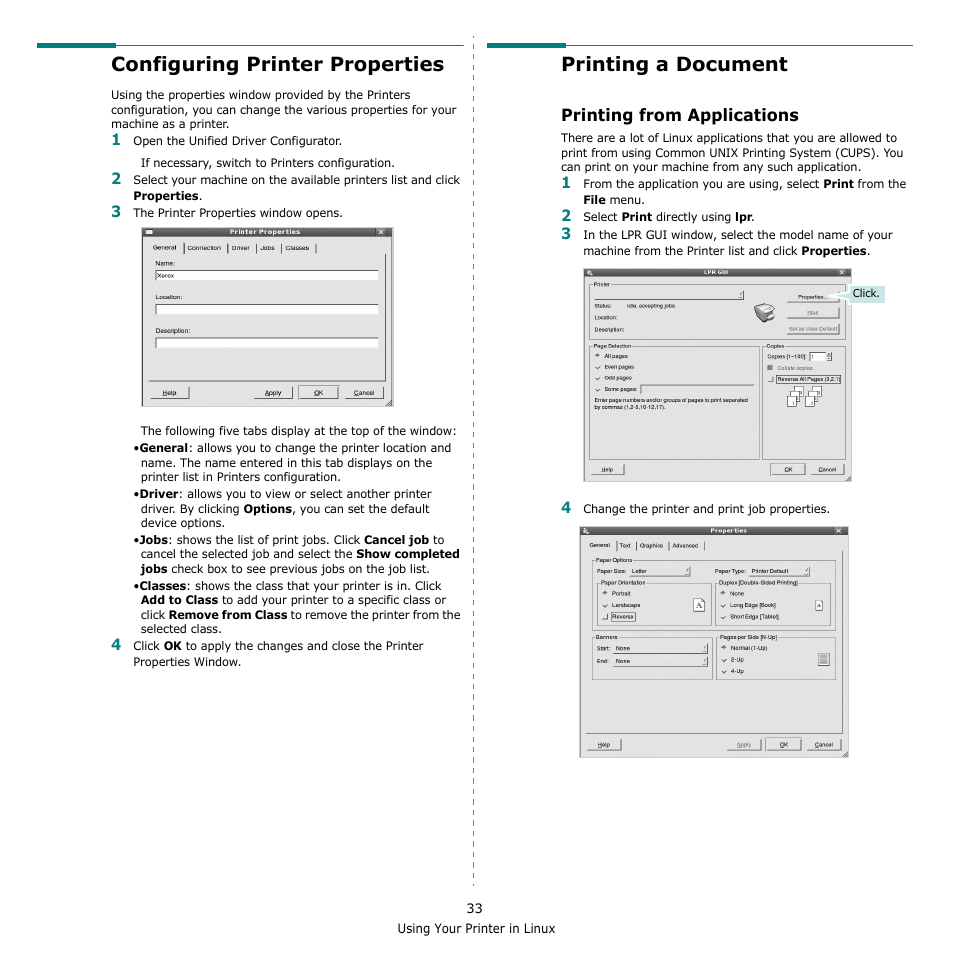 Configuring printer properties, Printing a document, Printing from applications | Configuring printer properties printing a document | Xerox Phaser 3300MFP User Manual | Page 137 / 148