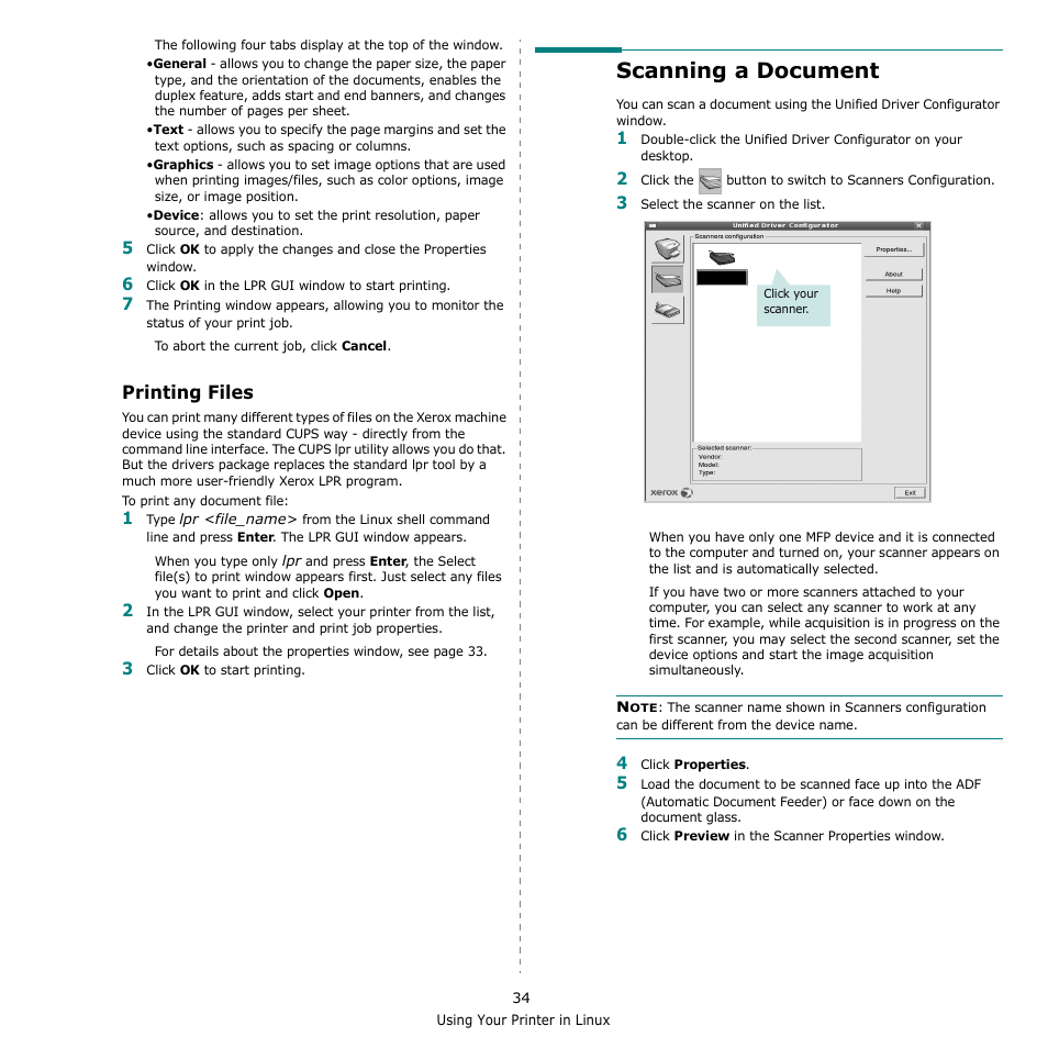 Printing files, Scanning a document | Xerox Phaser 3300MFP User Manual | Page 138 / 148